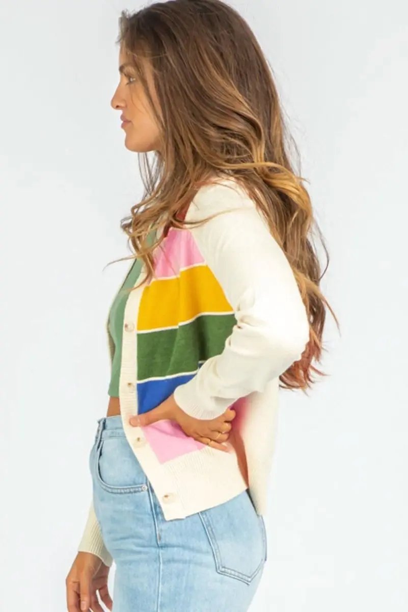 White Stripe Colorful Pattern Button Front Sweater Cardigan - Love Salve